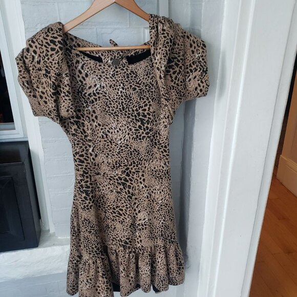 Anthropologie MAEVE PUFF SLEEVES ANIMAL PRINT CUT OUT MINI DRESS SIZE 14 - Picture 3 of 16